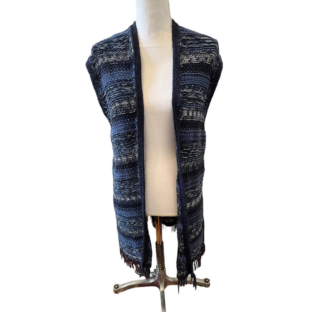 Massimo Dutti Open Knit Fringed Duster Sweater Vest Blue